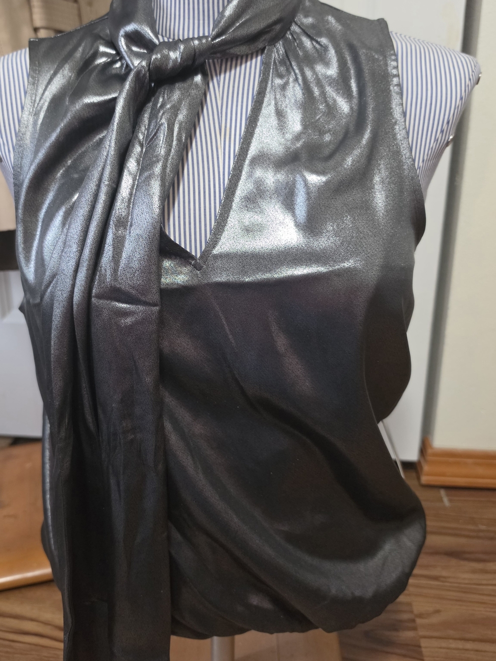 Express Metallic Silver Tie-Neck Sleeveless Body Suit